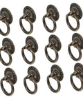 Vintage Retro Old School Cabinet Pull Handles 12pc Set In Antique Alloy Round Ring Drawer Knobs in aged bronze finish