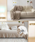Before and after couch transformation with sofa cover, featuring clip detail in living room setting, modern decor.