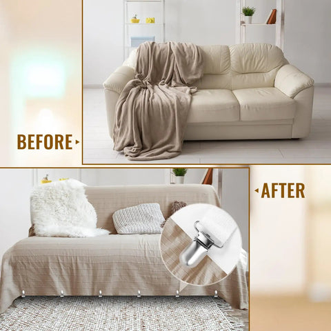 Before and after couch transformation with sofa cover, featuring clip detail in living room setting, modern decor.