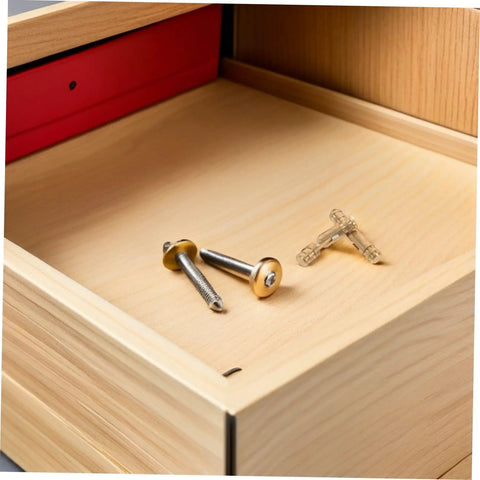 Solid Brass Pro Grade Hidden Hinges Set For Keepsake Boxes And Wooden Cabinets on display inside a wooden drawer
