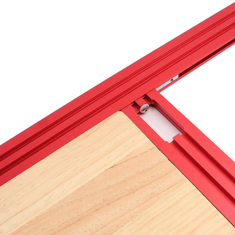 Heavy Duty Adjustable Router Jig For Cutting Boards close-up showing sturdy red aluminum frame and wooden base setup.