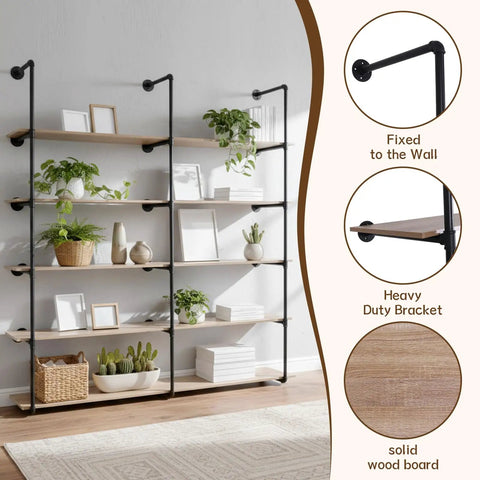 Industrial Pipe Shelf Five Tier 72 Inch Floating Pipe Book Shelves For Living Room And Home Office Decor And Organization