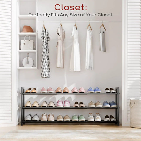 Expandable 3-Tier Shoe Rack For Closet And Entryway, Adjustable From 18 To 44 Inches, Fits 15-18 Pairs, Heavy-Duty Metal Black Shoe Organizer