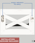 Installation view of Rustic Towel Bar And Toilet Paper Holder Set With Towel Ring For Bathroom, Wall Mounted Rack In White Wood And Black Metal.