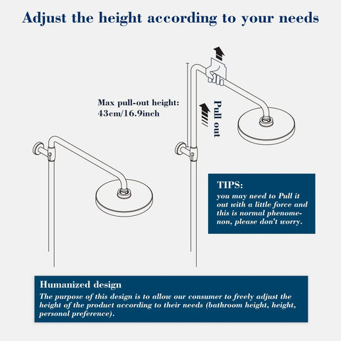 Diagram of matte black outdoor shower system showing adjustable height feature with pull-out function, max height 16.9 inches.