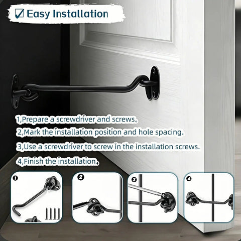 Heavy Duty 6 Inch Hook And Eye Locks 2 Pack Rock Solid Stainless Steel Barn Door Latch installation guide on a white door.