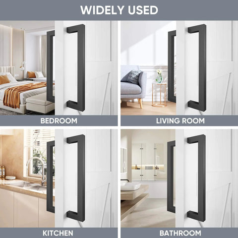 12 Inch Matte Black Push Pull Bar Handle For Sliding Barn Doors And Garages, Heavy Duty Double Sided Door Hardware, Easy To Install With Two Screws, Carbon Steel Construction, Rust Resistant Powder Coat installed in bedroom, living room, kitchen, bathroom