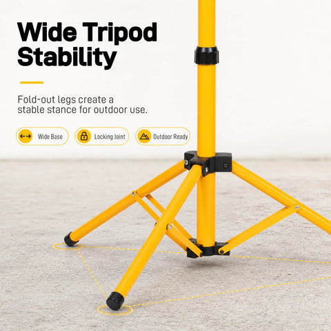 Wide base of an adjustable foldable metal archery target stand with tripod design featuring fold-out legs for outdoor stability.