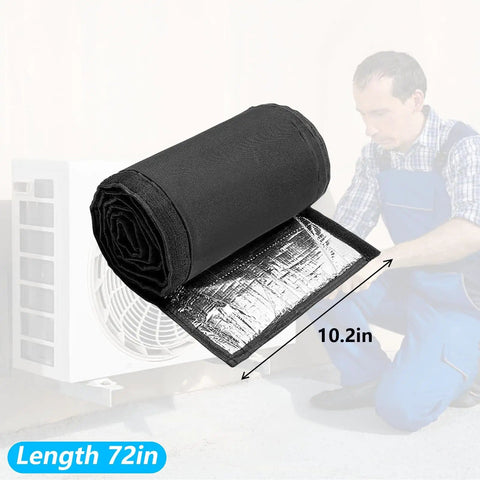 Three Layer Outdoor AC Pipe Insulation Wrap 72x10.2 Inches Weatherproof 600D Oxford Exterior Unrolled next to HVAC unit