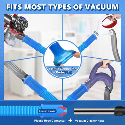 5 Piece Dryer Vent Cleaning Kit With Universal Vacuum Hose Attachment showing elastic connector fit on vacuums