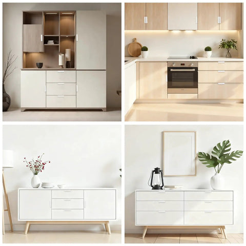 Kitchen and furniture setup with 8 Pack Finger Edge Drawer Pulls, showcasing self adhesive aluminum cabinet handles and modern design.