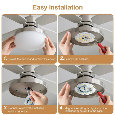 Step-by-step installation of 4 Inch LED Retrofit Light Kit For Ceiling Fans Replacement Panel 18W 3000K Warm White 2200LM 120V CRI90.
