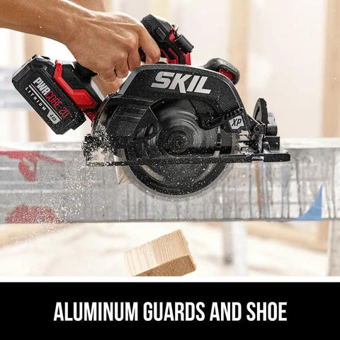 Badass 20V Brushless Cordless Circular Saw Kit With A Full 7 1/4 Inch Blade Spinning Smooth At 5300 RPM Fully Loaded With Heavy Duty Lithium Battery And Lightning Fast Charger Built To Go cutting through wood with aluminum guards.