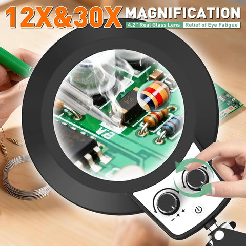 Pro Grade 12X 30X Magnifying Glass With Light And Stand showing electronics soldering under magnification with adjustable controls.