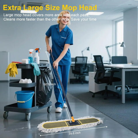 Heavy Duty 2 Pack 36 Inch Cotton Dust Mop Replacement Heads, Workhorse Pads in use for efficient floor cleaning.
