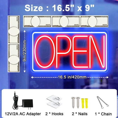 16.5 Inch By 9 Inch LED Neon Open Sign For Business, Ultra Bright Plug In Light Up Sign With On Off Switch, accessories shown