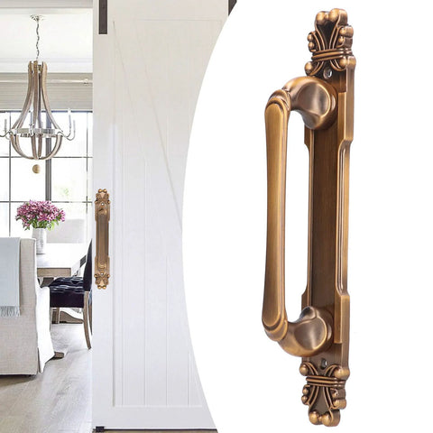 Antique Zinc Alloy Door Pull Handle For Cabinets And Drawers, installed on white barn door, surface mounted furniture hardware