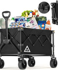 All Terrain Collapsible Wagon Cart With Wheels For Beach Garden Shopping Groceries Camping And Outdoor Hauls Large Capacity Folding Utility Cart With Sturdy Steel Frame Easy Fold Black full view loaded with groceries.