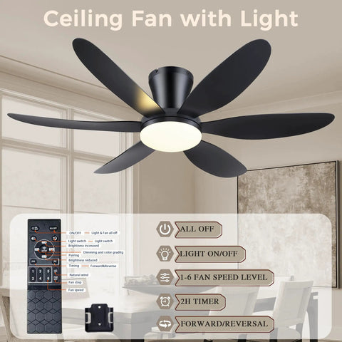 Low Profile 42 Inch Ceiling Fan With Lights And Remote Control Quiet Noiseless Dimmable Flush Mount Black for Bedroom