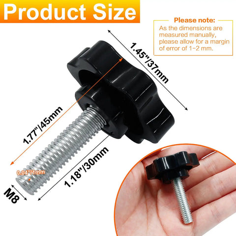 Grab These Solid M8 X 30mm Hex Clamping Knobs 2 Pack Black Machine Screw Thumb Wheels for Quick Tweaks and Dead On Grip on Workbenches and Machining Projects Smooth Operating Hardware showing size dimensions.