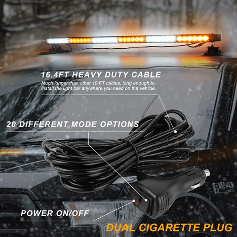 38.5 Inch 78 LED Emergency Strobe Light Bar installed on vehicle roof with amber and white LEDs and dual cigarette plug
