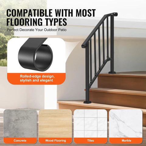 Heavy Duty Carbon Steel Outdoor Stair Handrail Kit Featuring Classic Retro Arch Design, stylish rolled-edge design for various flooring types.