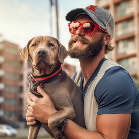 Man in sunglasses with a dog wearing a Lightweight Trucker Hat For Men Summer Cool Cap With Adjustable Buckle in an urban setting.