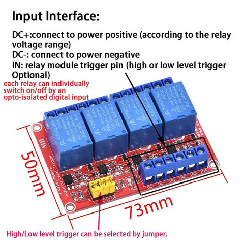 Double Pack 4 Channel 5V Relay Module With Optocoupler High Or Low Level Trigger Isolated Expansion Board showing relay pins and dimensions