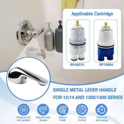 Chrome Replacement Metal Lever Handle Kit For 1300 And 1400 Series Tub Faucets No Fuss Easy Install Replacement Handle Part For DIY Bathroom Repair Durable Chrome Finish Smooth Operation And Leak Free Control displayed with cartridges RP46074 and RP19804 in a bathroom setting.