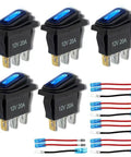Set of five 12V waterproof rocker switches with blue LED, three detachable wires, SPST three-pin on off design, ideal for marine use
