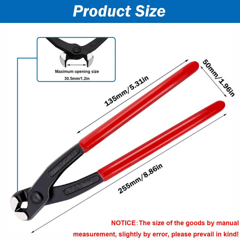 9 Inch Hose Clamp Pliers Crimping Tool Workhorse, shown with red rubber grips and measurement dimensions.
