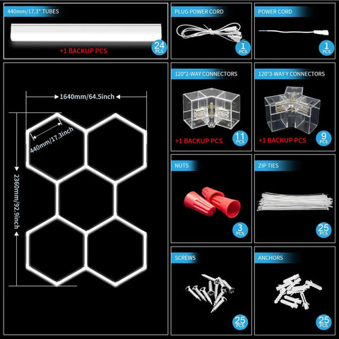 Hexagon Garage Lights Five Panel LED Ceiling Light 6500K Hella Bright 168W 20160LM Honeycomb Shop Light components display