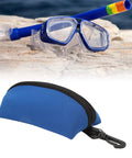 Neoprene Dive Mask Storage Case Pouch For Goggles And Sunglasses, blue gear bag shown beside snorkeling mask and snorkel