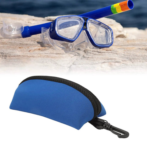 Neoprene Dive Mask Storage Case Pouch For Goggles And Sunglasses, blue gear bag shown beside snorkeling mask and snorkel