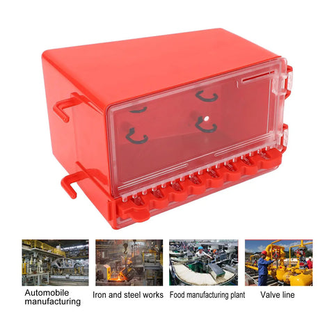 Portable Wall Mount Group Lock Box For Lockout Tagout with transparent panel and 8 hooks for team lockouts, red ABS material