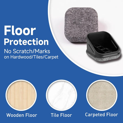 Five Pack Office Chair Caster Pads with Felt Backing for Scratch Prevention and Quiet Rolling, shown on various floor surfaces