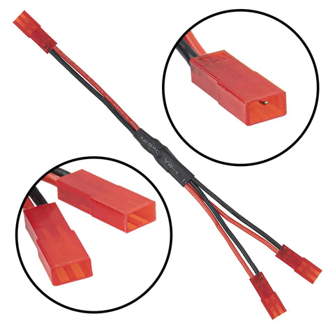 3Pcs JST Plug Splitter Y Harness Cables For RC Cars And Drones, detail of 1 Male To 2 Female connectors, red cables and plugs
