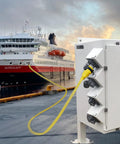 Beefy 25 Ft 30 Amp 125V RV Power Cord Marine Grade Yellow L5-30P To L5-30R connected at dockside with ship in background