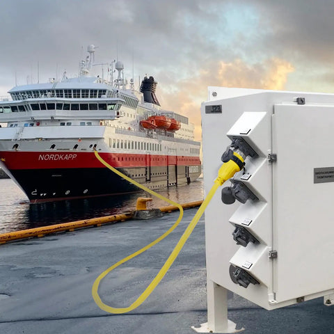 Beefy 25 Ft 30 Amp 125V RV Power Cord Marine Grade Yellow L5-30P To L5-30R connected at dockside with ship in background