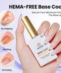 Hand holding Hema-Free Base Coat from Protein Powered Nail Prep Dehydrator And Primer Kit With Hema Free Gel Base And Top Coat 10ml