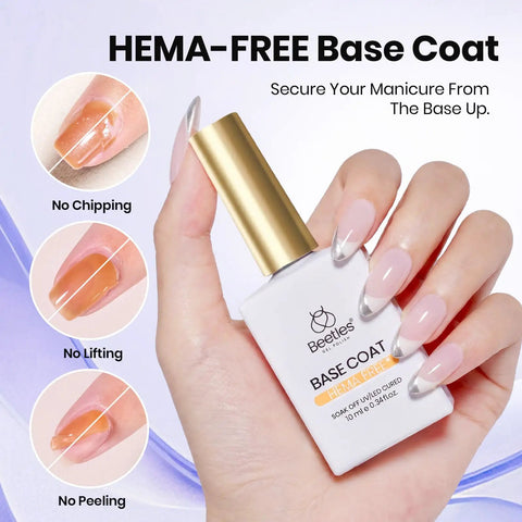 Hand holding Hema-Free Base Coat from Protein Powered Nail Prep Dehydrator And Primer Kit With Hema Free Gel Base And Top Coat 10ml