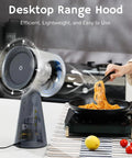 Heavy Duty Solder Fume Extractor Fan With Badass Suction And Slick Design For Desktop DIY Stations Triple Stage Activated Carbon Hepa Filter Snags Harmful Fumes Quick next to a frying pan.