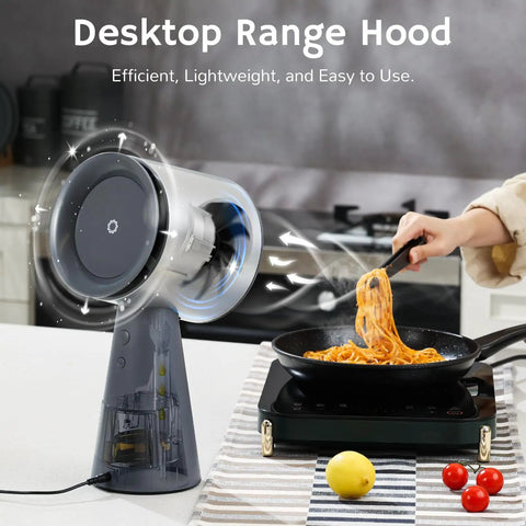 Heavy Duty Solder Fume Extractor Fan With Badass Suction And Slick Design For Desktop DIY Stations Triple Stage Activated Carbon Hepa Filter Snags Harmful Fumes Quick next to a frying pan.