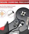 Grab This Epic Cinlin Crimping Tool Kit Featuring Self-Adjusting 4-Corner Ratchet Pliers, AWG 23 To 7 Gauge Ferrule Connectors, And A Massive 1800 Piece Terminal Set Perfect For Your Car Audio Setup Or Any Toughest DIY Projects Around The House Today. black self-adjusting crimping pliers with 4-corner die and red grips