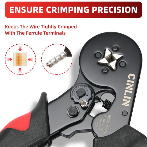 Grab This Epic Cinlin Crimping Tool Kit Featuring Self-Adjusting 4-Corner Ratchet Pliers, AWG 23 To 7 Gauge Ferrule Connectors, And A Massive 1800 Piece Terminal Set Perfect For Your Car Audio Setup Or Any Toughest DIY Projects Around The House Today. black self-adjusting crimping pliers with 4-corner die and red grips