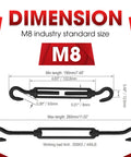 Diagram showing dimensions of 2 Pack M8 Stainless Steel Hook And Turnbuckle Set for Wire Rope Tension Black Coated Shade Sail Hardware.