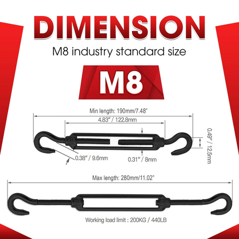 Diagram showing dimensions of 2 Pack M8 Stainless Steel Hook And Turnbuckle Set for Wire Rope Tension Black Coated Shade Sail Hardware.