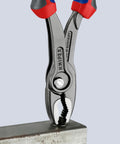 8 Inch Comfort Grip Pliers with front and side gripping on metal, showing 5 position push button adjustment feature.