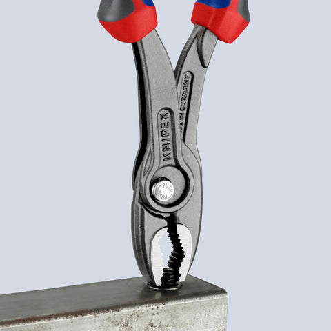 8 Inch Comfort Grip Pliers with front and side gripping on metal, showing 5 position push button adjustment feature.