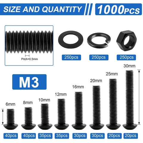Pro Grade M3 Screws Assortment Kit For 3D Printing 1000 Piece Hardware Pack with various sizes and washer types shown